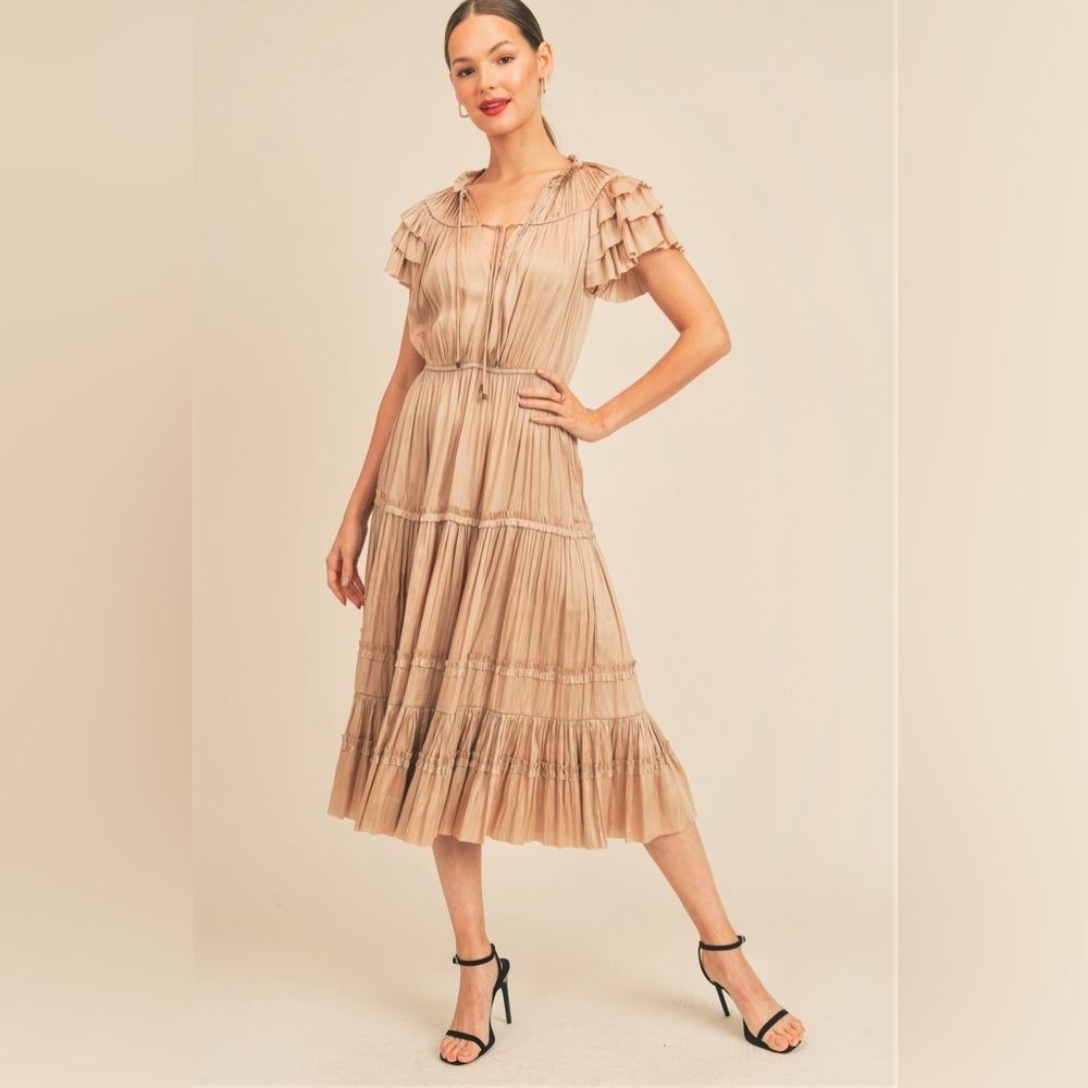 RESET by Jane Kianna Dress Gold Tan Ruffle Midi Dress M Wedding Party Silky Trip - Picture 1 of 7